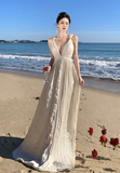Niulatu A-line halterneck long dress, backless beach dress HZ1108