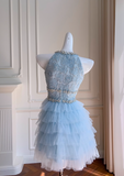 Niulatu A-line beaded tulle short prom dress, blue homecoming dress HZ1108