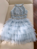 Niulatu A-line beaded tulle short prom dress, blue homecoming dress HZ1108