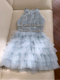 Niulatu A-line beaded tulle short prom dress, blue homecoming dress HZ1108