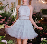 Niulatu A-line beaded tulle short prom dress, blue homecoming dress HZ1108