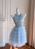 Niulatu A-line beaded tulle short prom dress, blue homecoming dress HZ1108