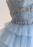 Niulatu A-line beaded tulle short prom dress, blue homecoming dress HZ1108