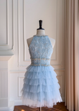 Niulatu A-line beaded tulle short prom dress, blue homecoming dress HZ1108