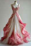 Niulatu Pink A-Line V Neck Tulle Long Prom Dresses,Gradient Pink Formal Party Dress HZ1026