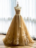 Niulatu Strapless Tulle Lace Long Prom Dress, Formal Party Dress HZ1108