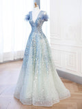 Niulatu V-neck Blue Tulle Sequins Long Prom Dress, Blue Formal Dress HZ1108