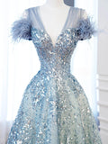 Niulatu V-neck Blue Tulle Sequins Long Prom Dress, Blue Formal Dress HZ1108