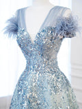 Niulatu V-neck Blue Tulle Sequins Long Prom Dress, Blue Formal Dress HZ1108