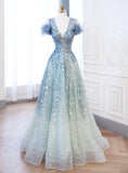 Niulatu V-neck Blue Tulle Sequins Long Prom Dress, Blue Formal Dress HZ1108