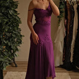 Niulatu Grape Spaghetti Straps Sheath Chiffon Prom Dress With Beads HZ1108