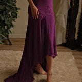 Niulatu Grape Spaghetti Straps Sheath Chiffon Prom Dress With Beads HZ1108