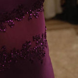 Niulatu Grape Spaghetti Straps Sheath Chiffon Prom Dress With Beads HZ1108
