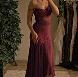 Niulatu Grape Spaghetti Straps Sheath Chiffon Prom Dress With Beads HZ1108