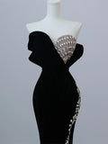 Niulatu Velvet Strapless Crystal Long Prom Dress,Formal Dress HZ1108