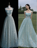 Niulatu Spaghetti Straps A-line Embroidery Satin Tulle Long Prom Dresses,Sweet 16 Dress With Appliqu¨¦ HZ1026