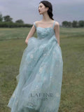 Niulatu Spaghetti Straps A-line Embroidery Satin Tulle Long Prom Dresses,Sweet 16 Dress With Appliqu¨¦ HZ1026