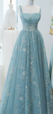 Niulatu Spaghetti Straps A-line Embroidery Satin Tulle Long Prom Dresses,Sweet 16 Dress With Appliqu¨¦ HZ1026