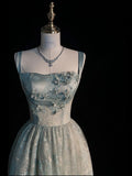 Niulatu Spaghetti Straps A-line Embroidery Satin Tulle Long Prom Dresses,Sweet 16 Dress With Appliqu¨¦ HZ1026