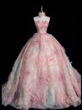Niulatu A-line Strapless Tulle long prom dress, pink sweet formal dress HZ1108
