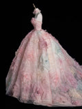 Niulatu A-line Strapless Tulle long prom dress, pink sweet formal dress HZ1108