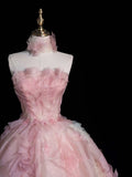 Niulatu A-line Strapless Tulle long prom dress, pink sweet formal dress HZ1108