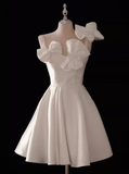 Niulatu A-line spaghetti strap satin short prom dress, white bridesmaid dress HZ1108