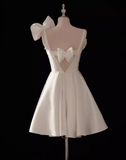 Niulatu A-line spaghetti strap satin short prom dress, white bridesmaid dress HZ1108
