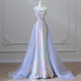 Niulatu Mermaid Spaghetti Tulle Sequin Long Prom Dress, Blue Long Formal Dress HZ1108