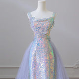 Niulatu Mermaid Spaghetti Tulle Sequin Long Prom Dress, Blue Long Formal Dress HZ1108