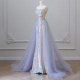 Niulatu Mermaid Spaghetti Tulle Sequin Long Prom Dress, Blue Long Formal Dress HZ1108