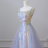 Niulatu Mermaid Spaghetti Tulle Sequin Long Prom Dress, Blue Long Formal Dress HZ1108