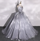 Niulatu A-line V-neck Tulle Long Prom Dress, Grey Long Formal Dress HZ1108