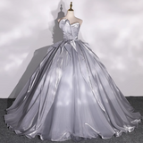 Niulatu A-line V-neck Tulle Long Prom Dress, Grey Long Formal Dress HZ1108