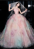 Niulatu A-line Strapless Tulle long prom dress, pink sweet formal dress HZ1108