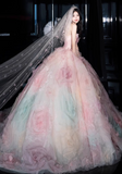 Niulatu A-line Strapless Tulle long prom dress, pink sweet formal dress HZ1108
