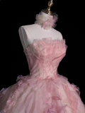 Niulatu A-line Strapless Tulle long prom dress, pink sweet formal dress HZ1108