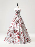 Niulatu Strapless White Floral Satin Long Prom Dress, Sweetheart Neck Formal Party Dress HZ1108