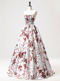 Niulatu Strapless White Floral Satin Long Prom Dress, Sweetheart Neck Formal Party Dress HZ1108
