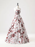 Niulatu Strapless White Floral Satin Long Prom Dress, Sweetheart Neck Formal Party Dress HZ1108