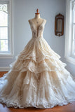 Niulatu A-line V-neck Tulle Lace Long Prom Dress, Vintage Wedding Dress HZ1108