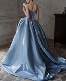 Niulatu A-line Strapless Satin Long Ball Dress, Blue Formal Dress HZ1108