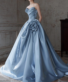 Niulatu A-line Strapless Satin Long Ball Dress, Blue Formal Dress HZ1108