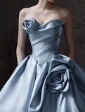 Niulatu A-line Strapless Satin Long Ball Dress, Blue Formal Dress HZ1108