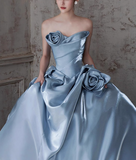 Niulatu A-line Strapless Satin Long Ball Dress, Blue Formal Dress HZ1108