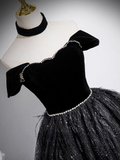Niulatu A-line Off-shoulder Velvet Tulle Sequin Long Prom Dress, Black Formal Dress HZ1108
