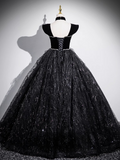 Niulatu A-line Off-shoulder Velvet Tulle Sequin Long Prom Dress, Black Formal Dress HZ1108