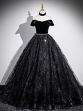 Niulatu A-line Off-shoulder Velvet Tulle Sequin Long Prom Dress, Black Formal Dress HZ1108