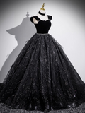 Niulatu A-line Off-shoulder Velvet Tulle Sequin Long Prom Dress, Black Formal Dress HZ1108