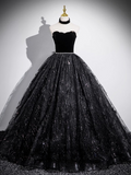 Niulatu A-line Off-shoulder Velvet Tulle Sequin Long Prom Dress, Black Formal Dress HZ1108